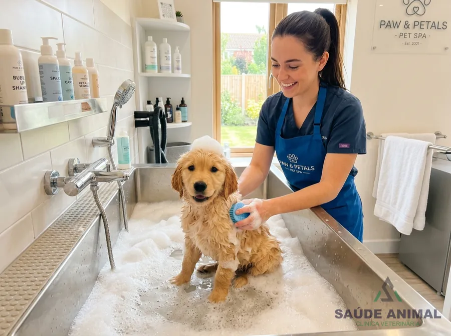 Filhote de cãozinho tomando banho quentinho no Spa Pet com água ozonizada